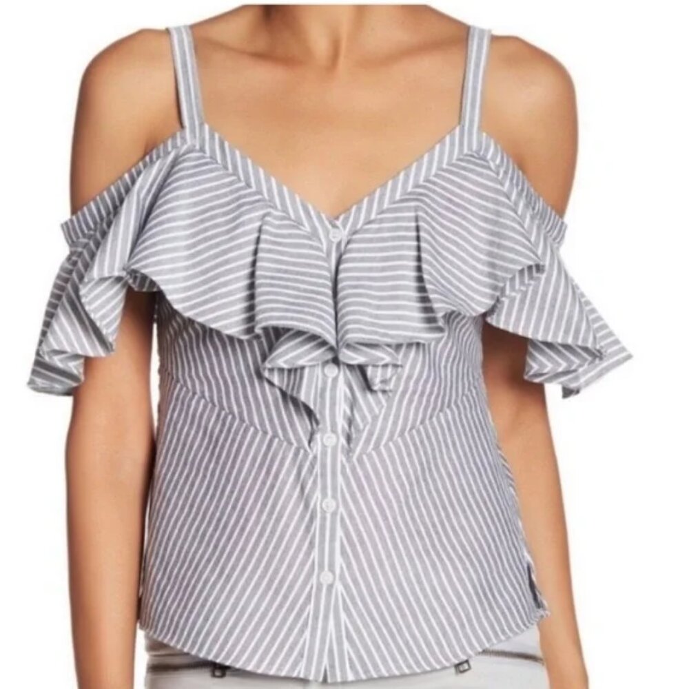 Veronica Beard Grant Off The Shoulder Top Stripped Ruffled Cold Shoulder Blouse